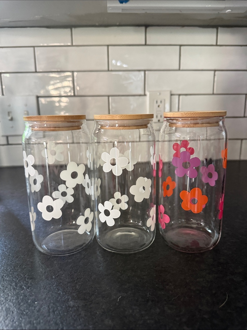Floral Glass Storage Jars with Bamboo Lids - Set of 3 (White & Multi-Color)